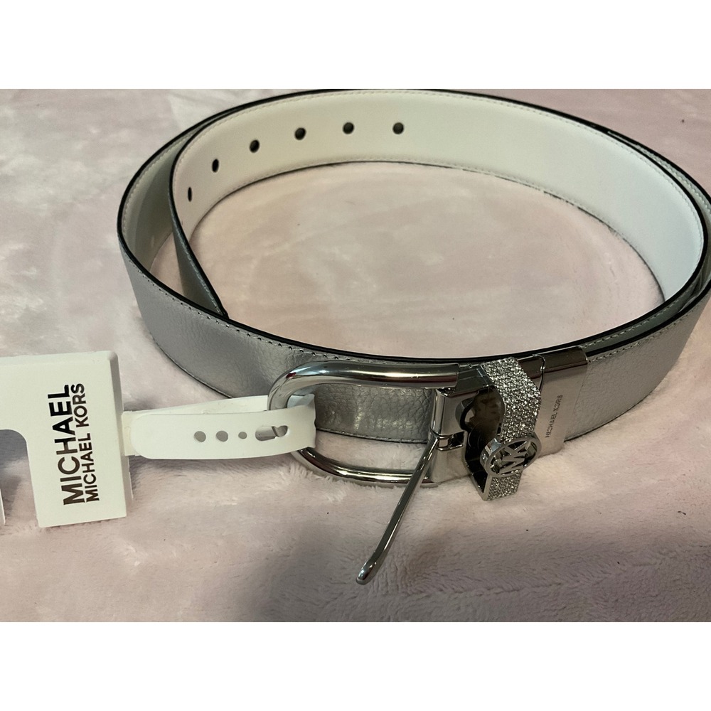 Michael Kors Reversible Belt Silver Metallic White Crystal MK Logo XL NWT